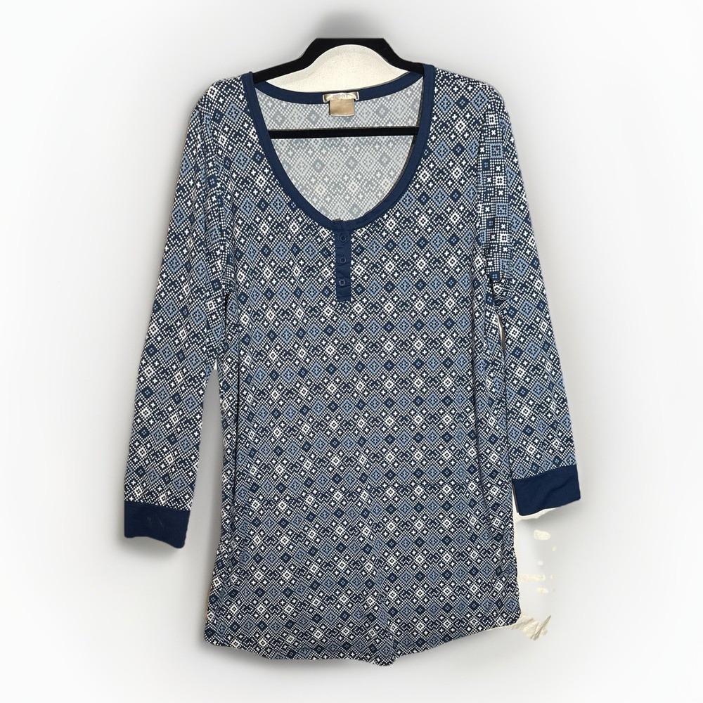 Ink & Ivy Dark Blue & White Diamond Nite Gown Long Sleeve Women's Large